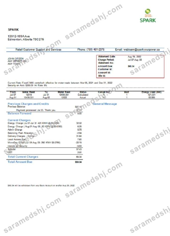 Canada Alberta Spark utility bill